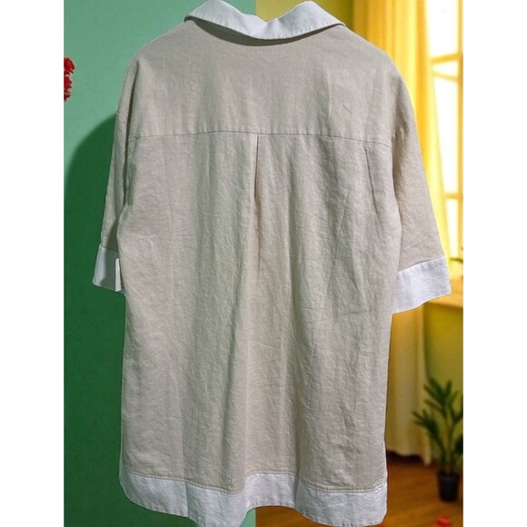 Cynthia Rowley Shirt XL Beige White Tunic Linen Blend Trim Minimalist NEW - Picture 4 of 7